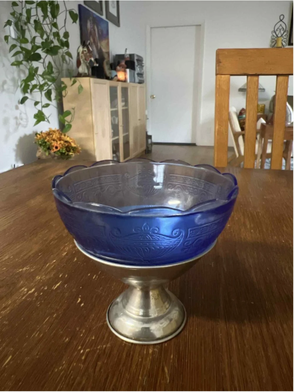 Vintage Cobalt Blue Pressed Glass Sherbet Ice Cream Dish w/ Metal Base 1930s–50s